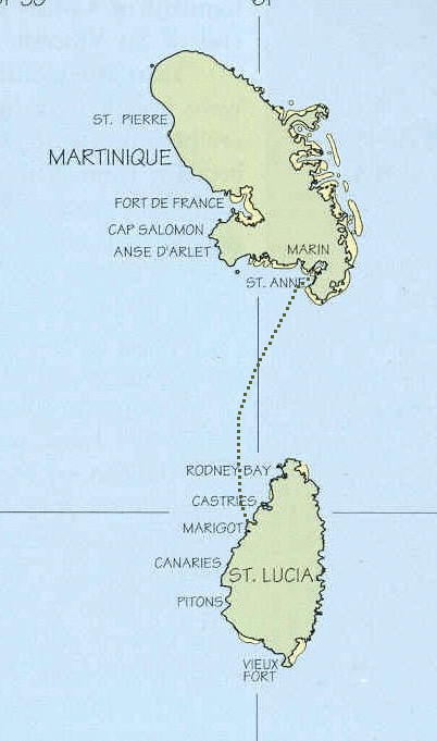 Karte Martinique/Saint Lucia mit eingezeichneter versegelter Strecke