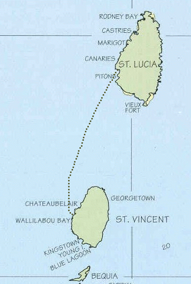 Karte Saint Lucia nach Saint Vincent mit eingezeichneter versegelter Strecke