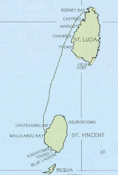 Karte Saint Vincent und Saint Lucia mit eingezeichneter versegelter Strecke