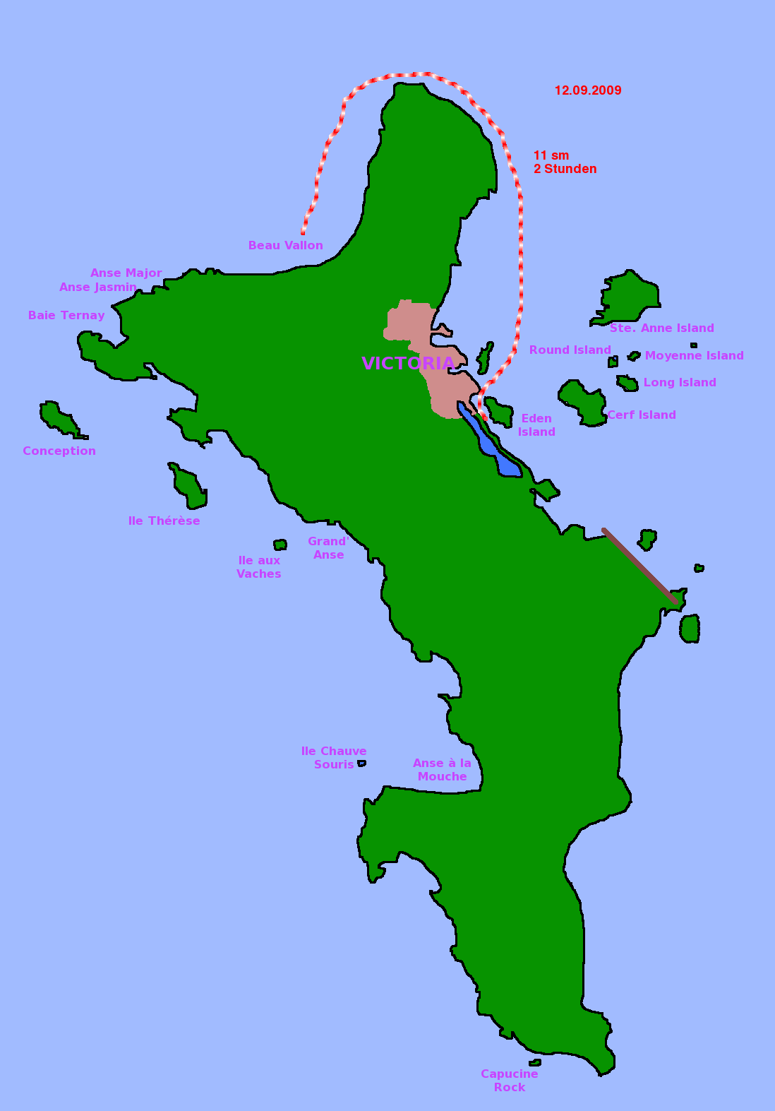 Karte Mahé mit eingetragener Segelstrecke von Victoria in die Beauvallon