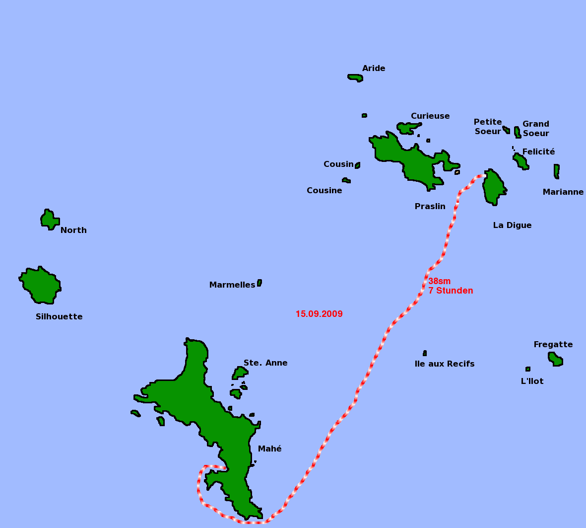 Karte Seychellen mit eingetragener Segelstrecke von der Anse a la Mouche auf Mahé nach La Digue