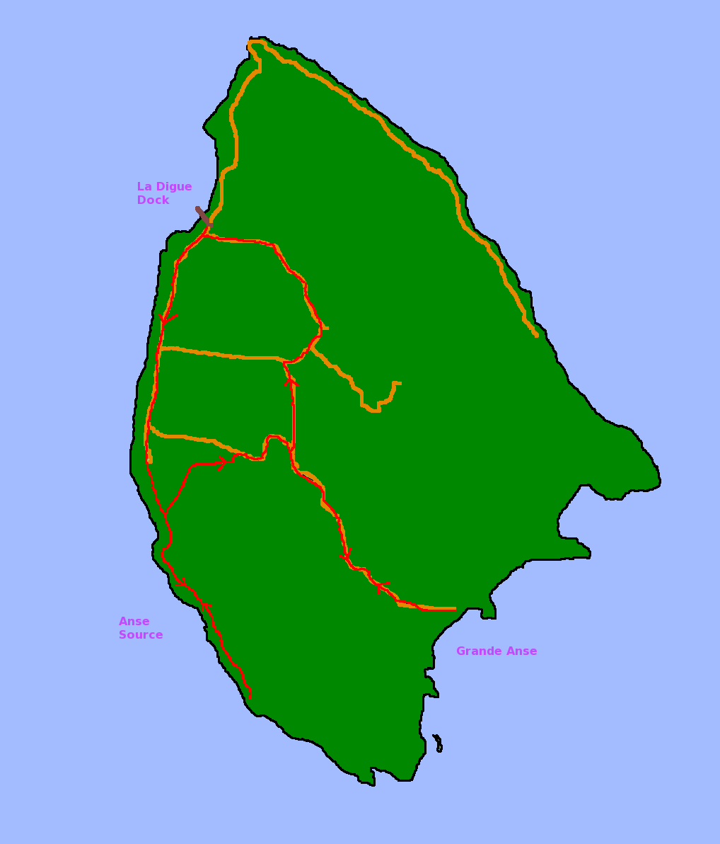 Karte La Digue mit eingetragener Radstrecke