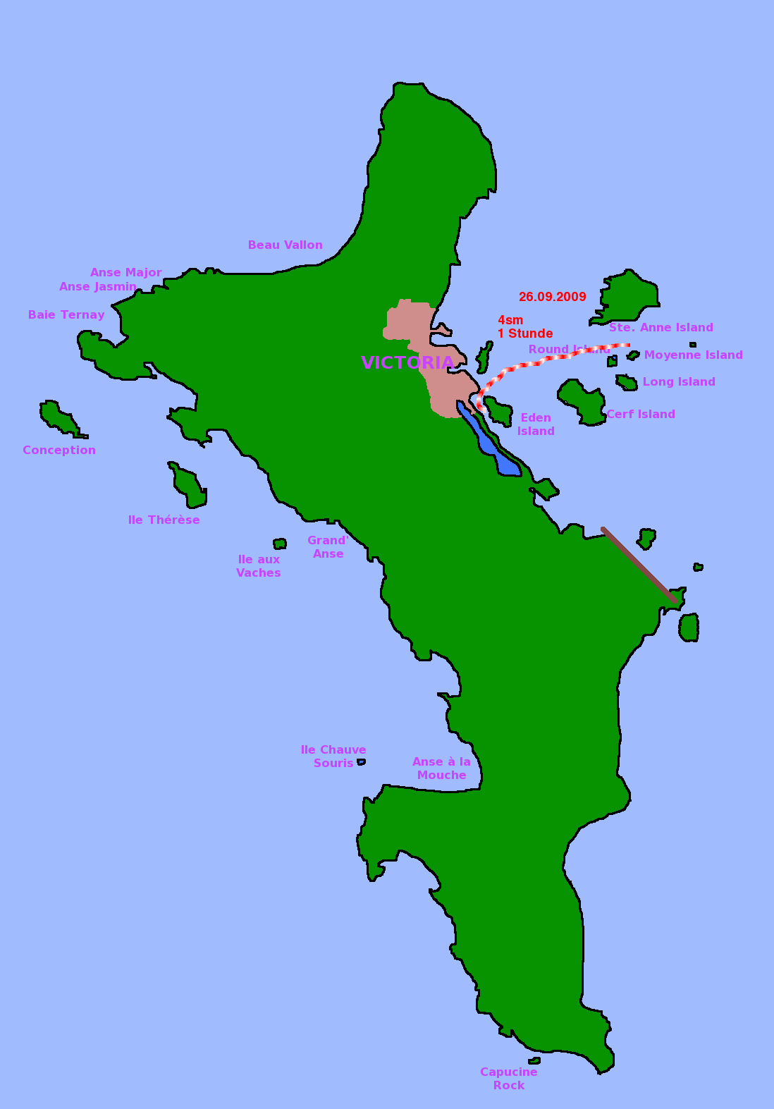 Karte Seychellen mit eingetragener Segelroute von der Anse Lazio zur Île Ste. Anne