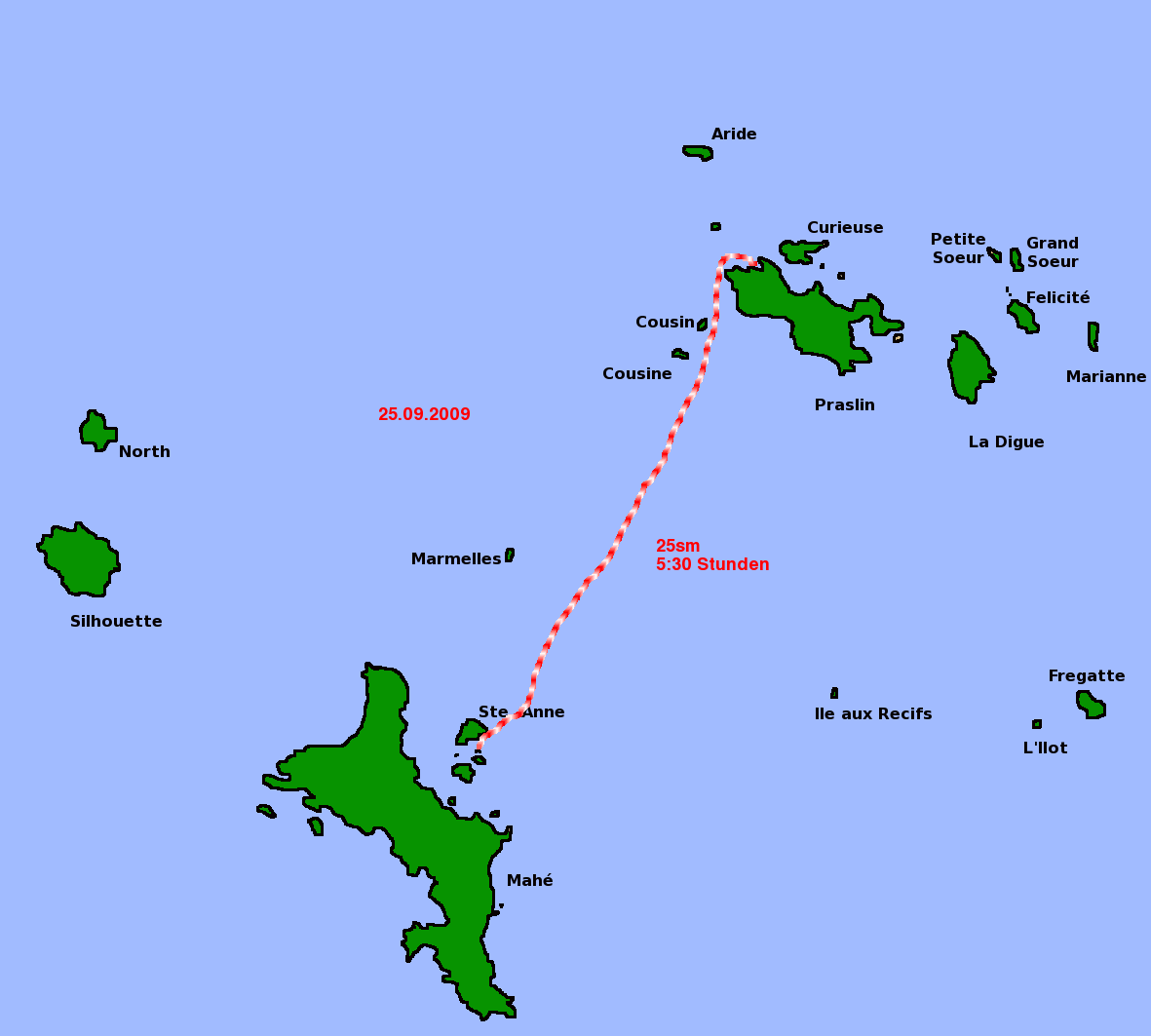 Karte Seychellen mit eingetragener Segelroute von der Anse Lazio zur Île Ste. Anne
