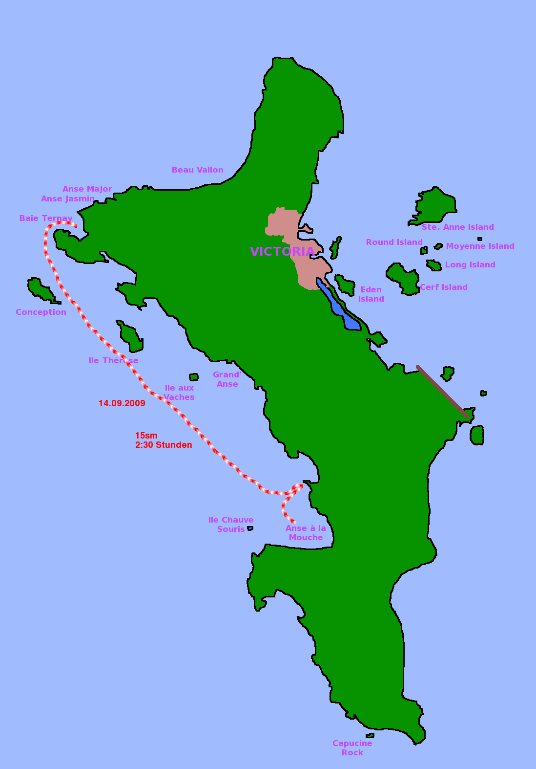Karte Mahé mit eingetragener Segelstrecke von der Baie Ternay nach Anse a la Mouche