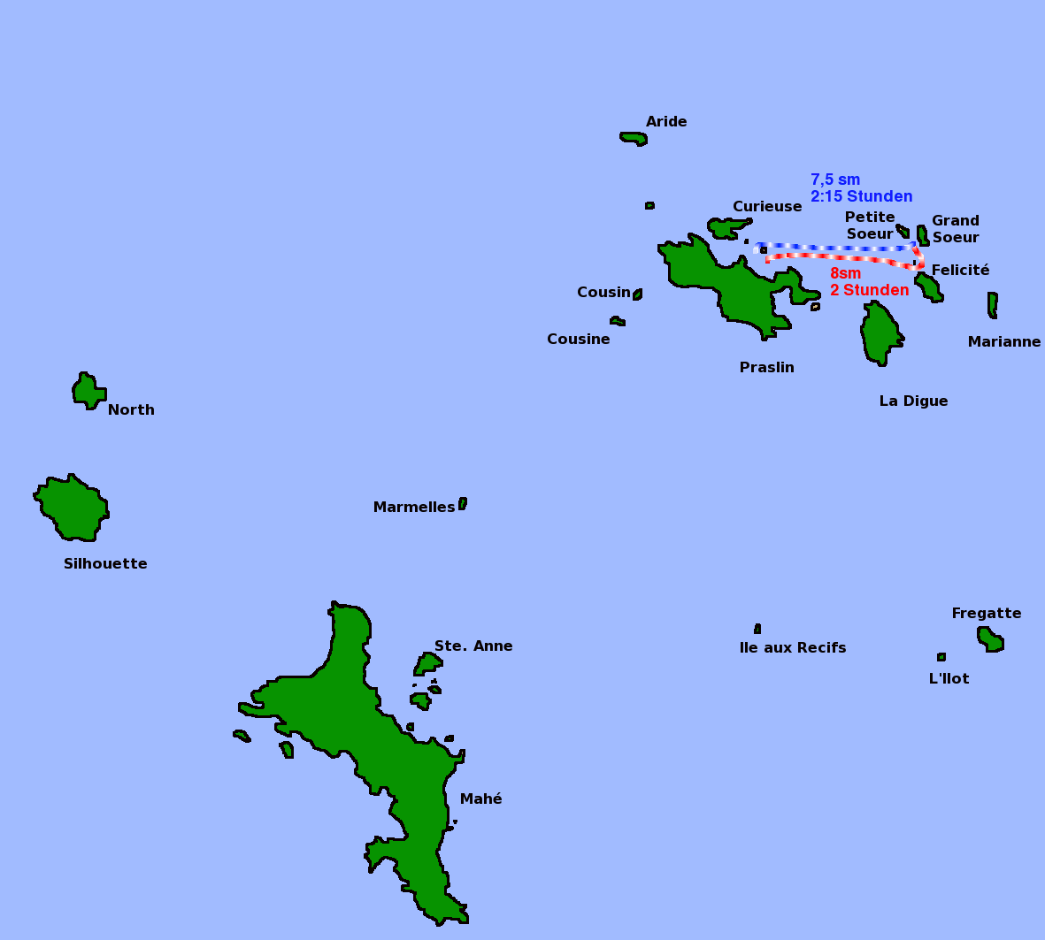 Karte Seychellen mit eingetragener Segelstrecke von der Anse Volbert über die Cocos zur Grande Sœur und retour in die Anse Volbert