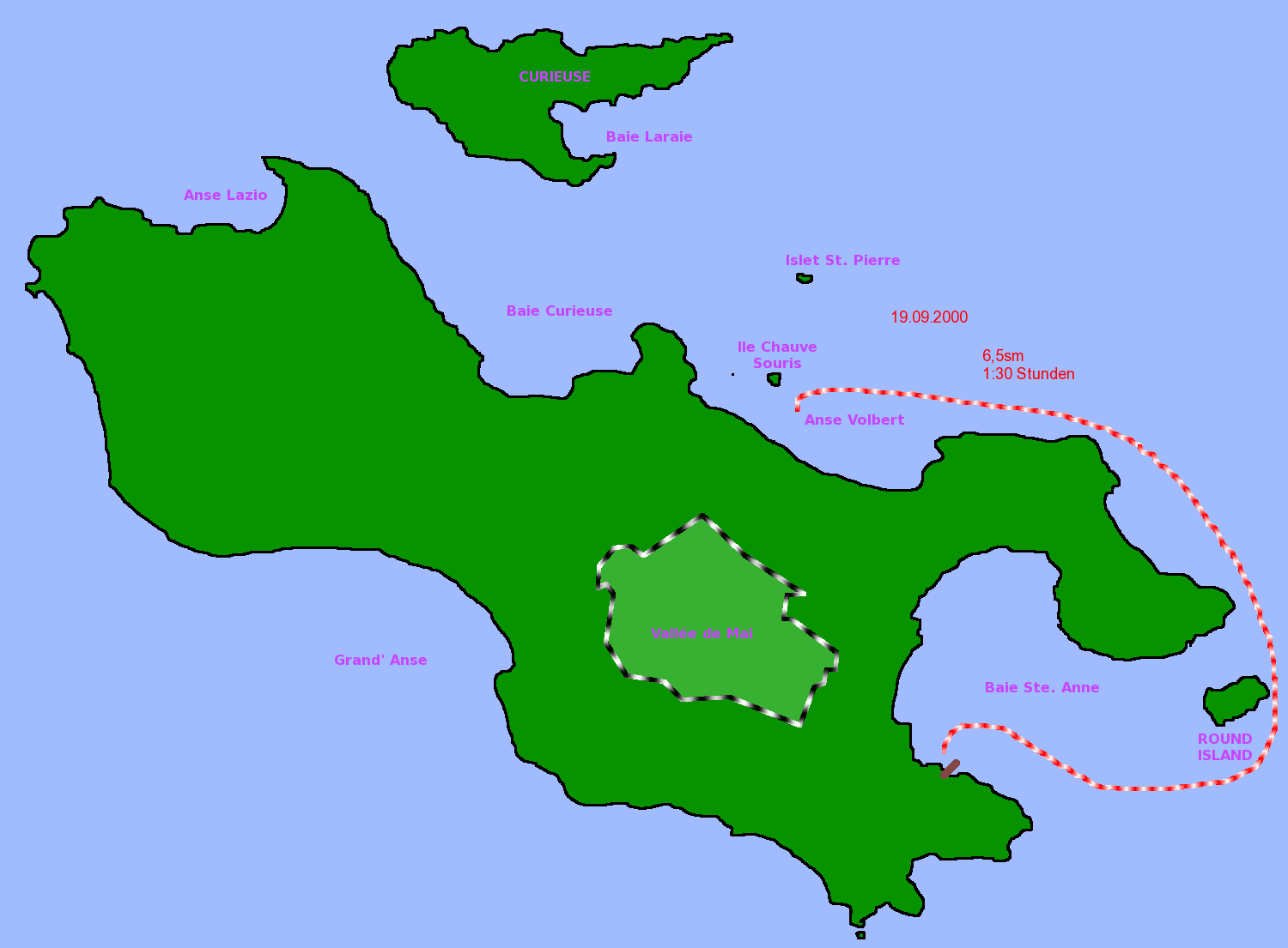 Karte Seychellen mit eingetragener Segelstrecke von der Baie Ste. Anne in die Anse Volbert