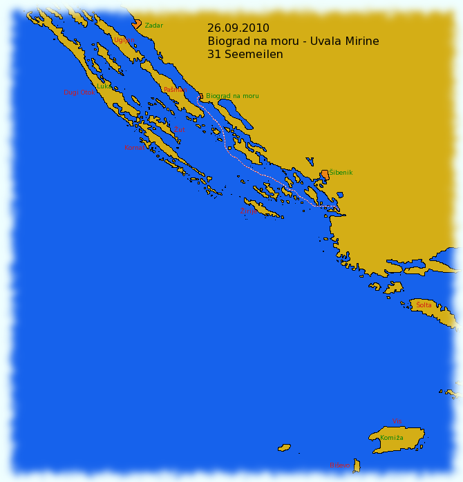 Karte Adria mit eingetragener Segelstrecke von Biograd na moru in die Uvala Mirine