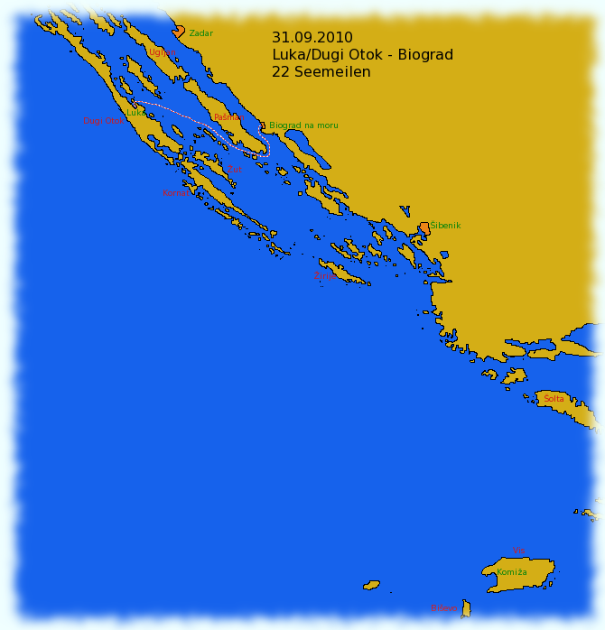Karte Adria mit eingetragener Segelstrecke von Luka auf Dugi Otok nach Biograd na moru
