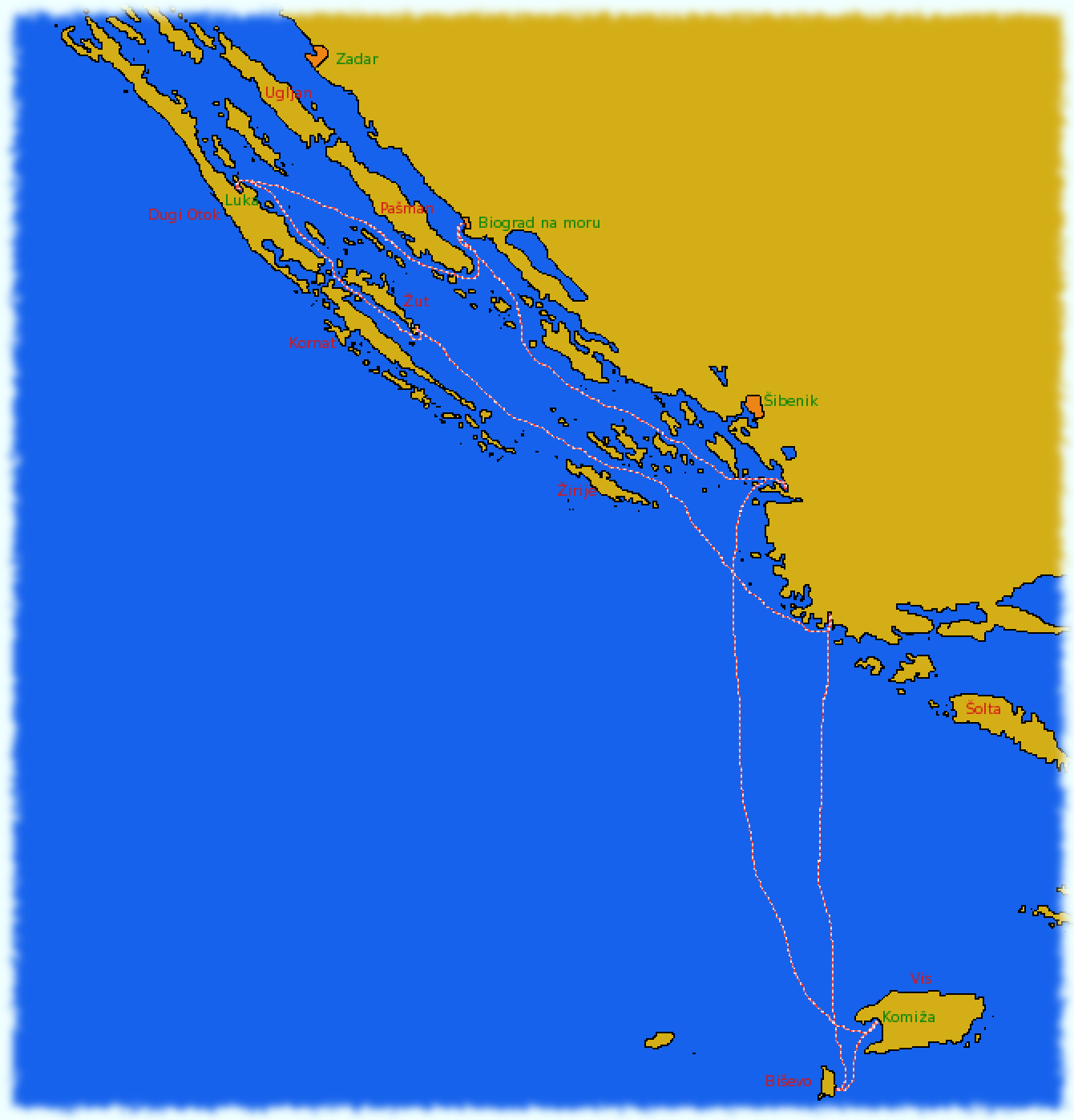 Karte Adria mit eingetragener Segelstrecke des Kroatientörns September 2010
