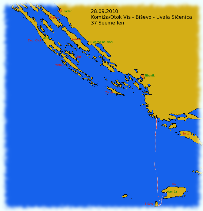 Karte Adria mit eingetragener Segelstrecke von Vis über Biševo in die Uvala Sičenica