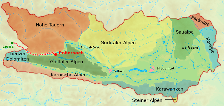 Karte Kärnten mit der Fahrtstrecke von Pobersach nach Lienz