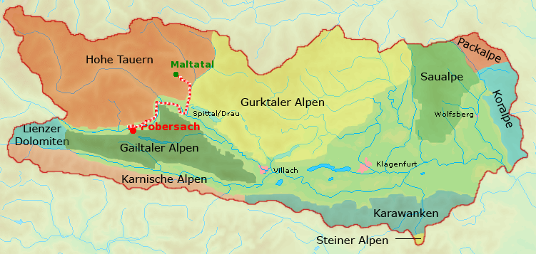 Karte Kärnten mit der Fahrtstrecke von Pobersach in das Maltatal