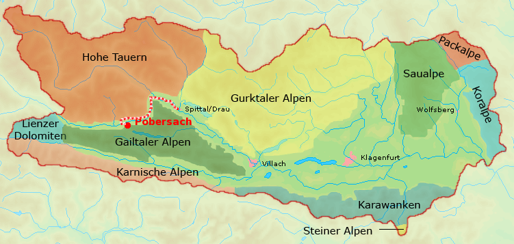 Karte Kärnten mit der Fahrtstrecke von Pobersach nach Spittal an der Drau