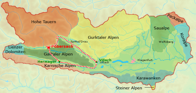 Karte Kärnten mit der Fahrtstrecke von Pobersach nach Villach, nach Hermagor und wieder zurück nach Pobersach